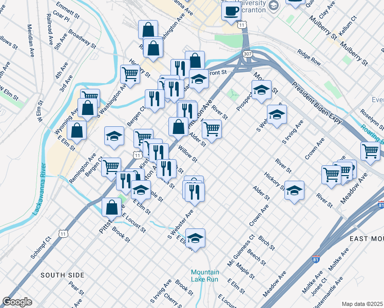 map of restaurants, bars, coffee shops, grocery stores, and more near 705 Prospect Avenue in Scranton
