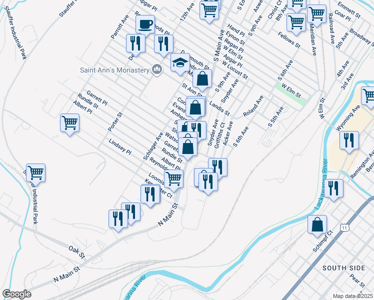 map of restaurants, bars, coffee shops, grocery stores, and more near 1100 Albert Place in Scranton
