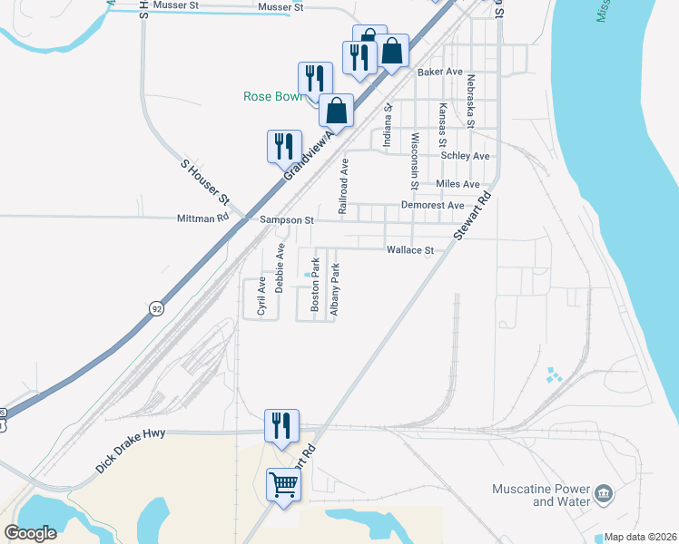 map of restaurants, bars, coffee shops, grocery stores, and more near 2-98 Albany Park in Muscatine