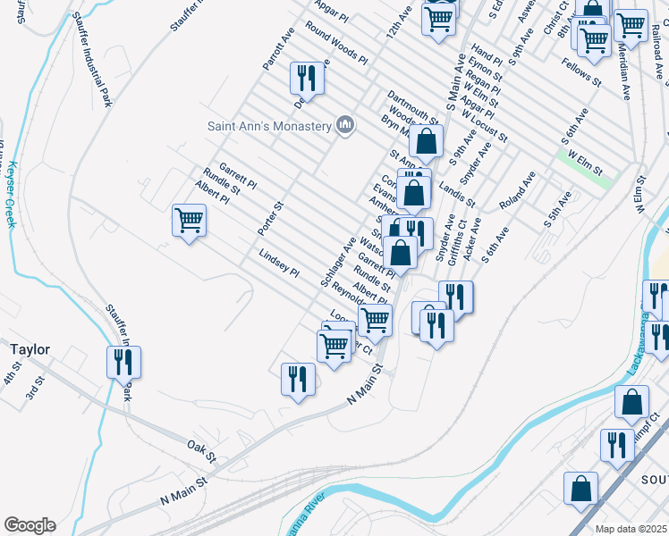 map of restaurants, bars, coffee shops, grocery stores, and more near 1312 Schlager Avenue in Scranton