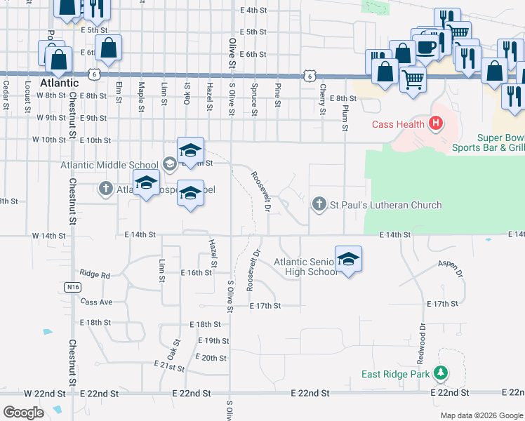 map of restaurants, bars, coffee shops, grocery stores, and more near 1306 Roosevelt Drive in Atlantic