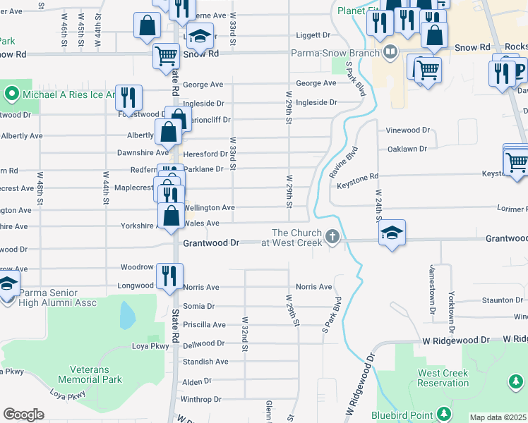 map of restaurants, bars, coffee shops, grocery stores, and more near 3009 Wales Avenue in Parma