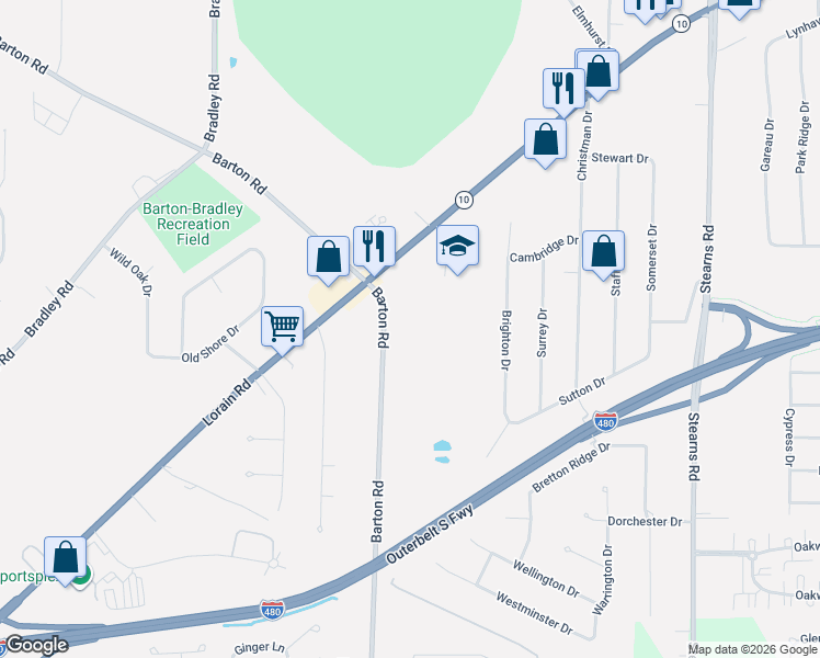 map of restaurants, bars, coffee shops, grocery stores, and more near 6427 Barton Road in North Olmsted