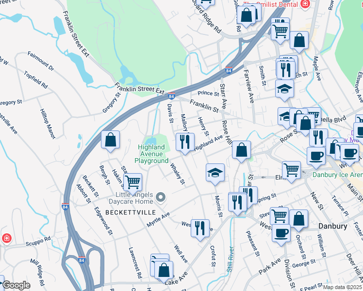 map of restaurants, bars, coffee shops, grocery stores, and more near 41 Davis Street in Danbury