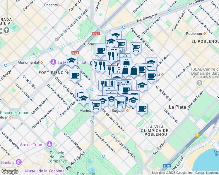 map of restaurants, bars, coffee shops, grocery stores, and more near 113 Carrer de Pamplona in Barcelona