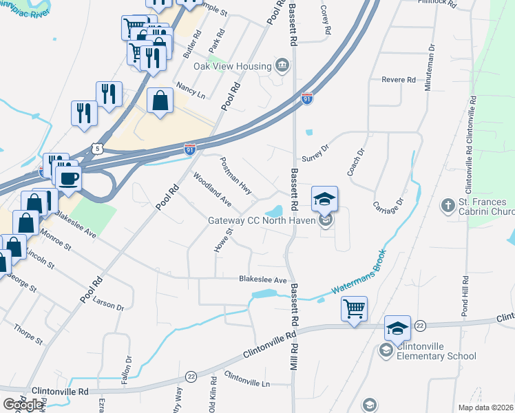 map of restaurants, bars, coffee shops, grocery stores, and more near 97 Howe Street in North Haven