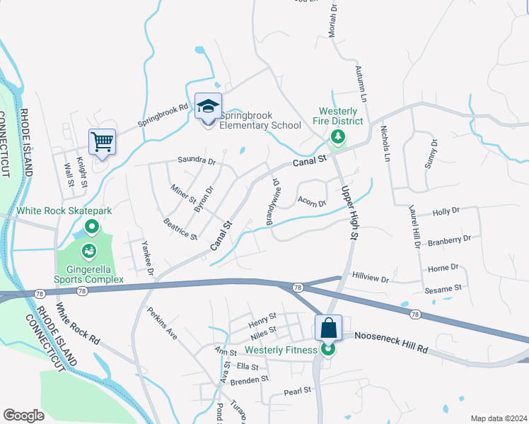 map of restaurants, bars, coffee shops, grocery stores, and more near 19 Brandywine Drive in Westerly