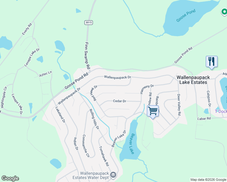 map of restaurants, bars, coffee shops, grocery stores, and more near 77 Red Hawk Drive in Wayne County