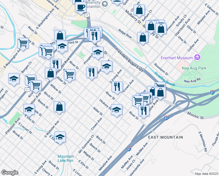 map of restaurants, bars, coffee shops, grocery stores, and more near 226 South Irving Avenue in Scranton