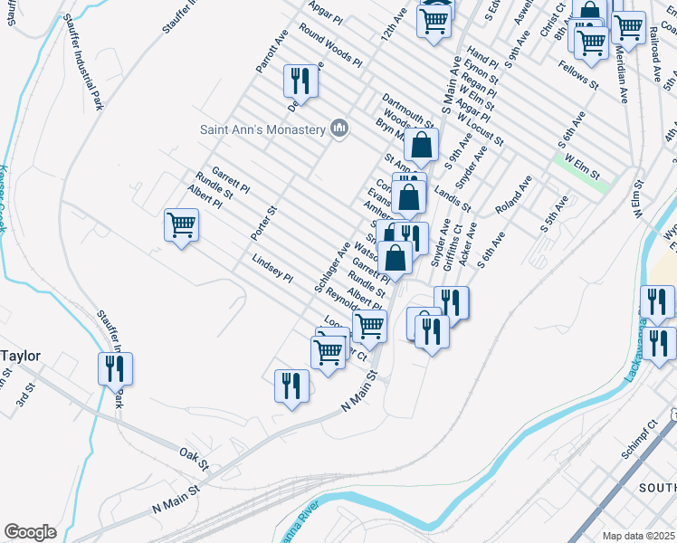 map of restaurants, bars, coffee shops, grocery stores, and more near 1201-1299 Garrett Place in Scranton
