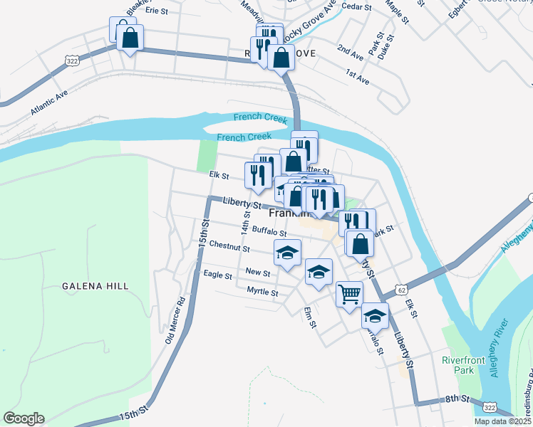 map of restaurants, bars, coffee shops, grocery stores, and more near 1330 Liberty St in Franklin