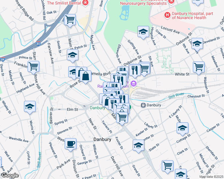 map of restaurants, bars, coffee shops, grocery stores, and more near 25 Crosby Street in Danbury