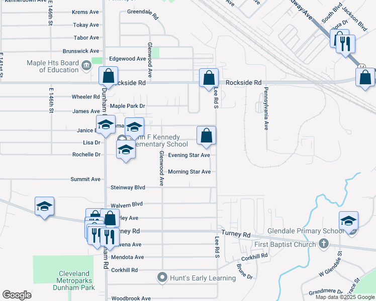 map of restaurants, bars, coffee shops, grocery stores, and more near 15812 Dunbury Drive in Maple Heights