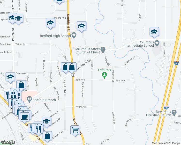 map of restaurants, bars, coffee shops, grocery stores, and more near 694 High Street in Bedford