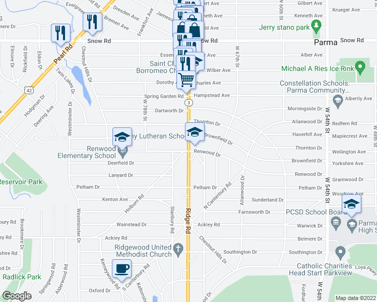 map of restaurants, bars, coffee shops, grocery stores, and more near Ridge Rd & Renwood Dr in Parma