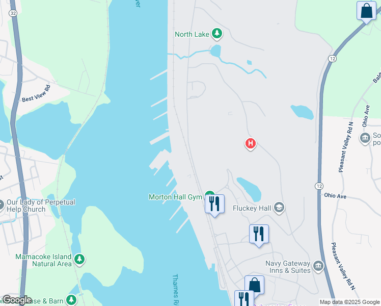 map of restaurants, bars, coffee shops, grocery stores, and more near Military Highway in New London County