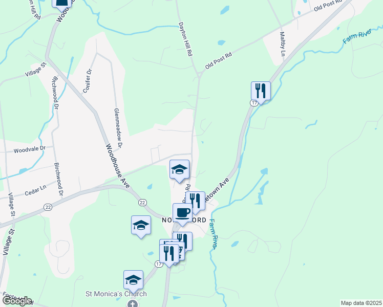 map of restaurants, bars, coffee shops, grocery stores, and more near Old Post Road in Northford