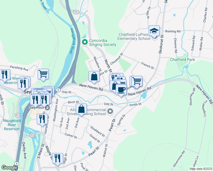 map of restaurants, bars, coffee shops, grocery stores, and more near 108 Meadow Street in Seymour