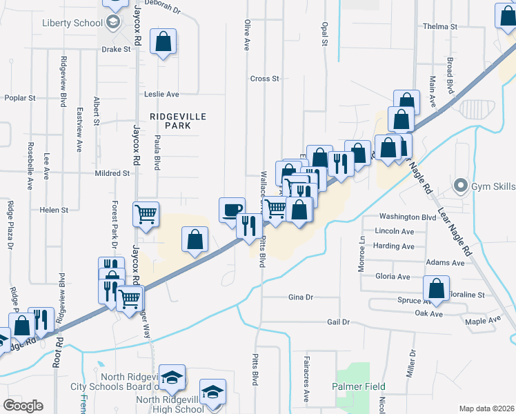 map of restaurants, bars, coffee shops, grocery stores, and more near 6300 Wallace Boulevard in North Ridgeville