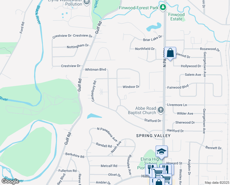 map of restaurants, bars, coffee shops, grocery stores, and more near 241 Windsor Drive in Elyria