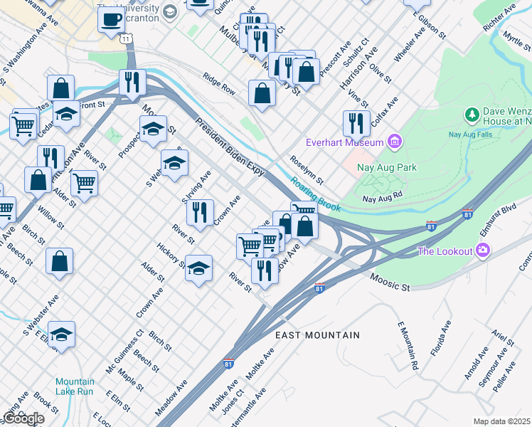 map of restaurants, bars, coffee shops, grocery stores, and more near 923 Moosic Street in Scranton