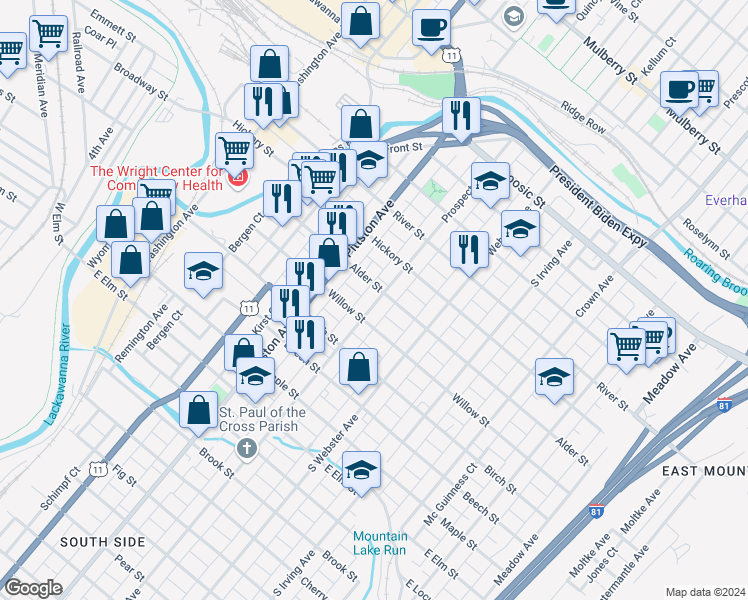 map of restaurants, bars, coffee shops, grocery stores, and more near 524 Alder Street in Scranton