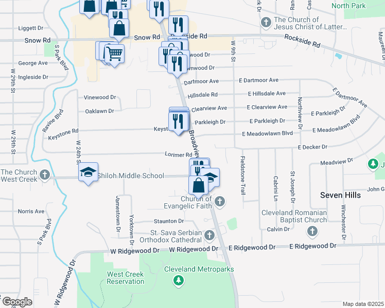 map of restaurants, bars, coffee shops, grocery stores, and more near 6063 Ohio 176 in Parma