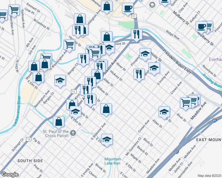 map of restaurants, bars, coffee shops, grocery stores, and more near 612 Prospect Avenue in Scranton