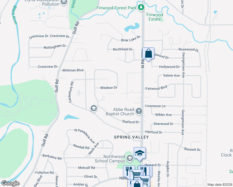 map of restaurants, bars, coffee shops, grocery stores, and more near 343 Windsor Drive in Elyria