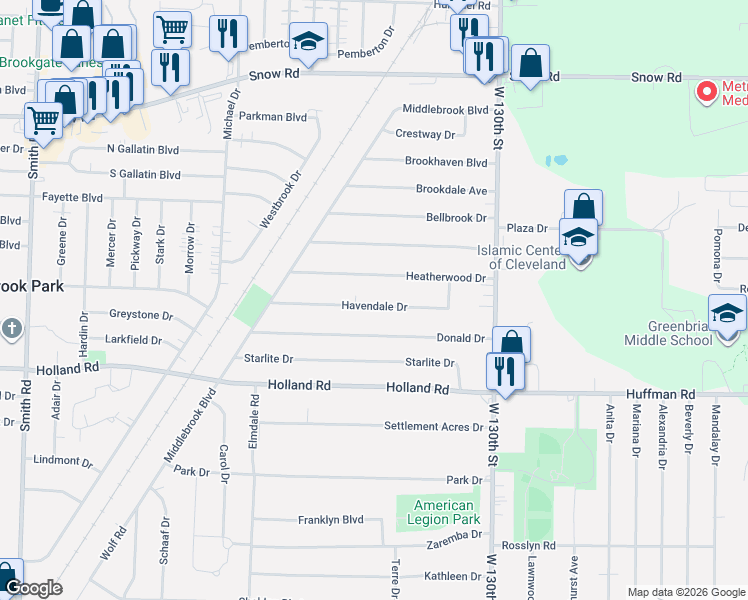 map of restaurants, bars, coffee shops, grocery stores, and more near 13691 Heatherwood Drive in Brook Park