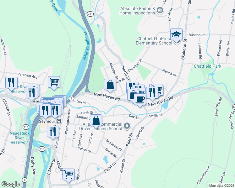 map of restaurants, bars, coffee shops, grocery stores, and more near 55 Garden Street in Seymour