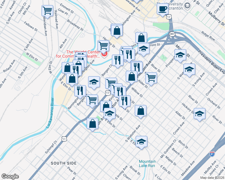 map of restaurants, bars, coffee shops, grocery stores, and more near 342 Birch Street in Scranton