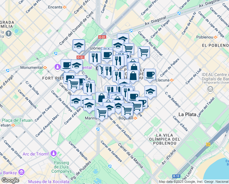 map of restaurants, bars, coffee shops, grocery stores, and more near 113 Carrer de Pamplona in Barcelona