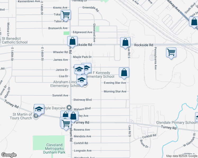 map of restaurants, bars, coffee shops, grocery stores, and more near 5900 Glenwood Avenue in Maple Heights