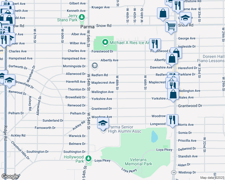 map of restaurants, bars, coffee shops, grocery stores, and more near 4915 Maplecrest Avenue in Parma