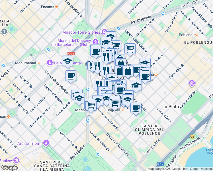 map of restaurants, bars, coffee shops, grocery stores, and more near 104 Carrer de Pamplona in Barcelona