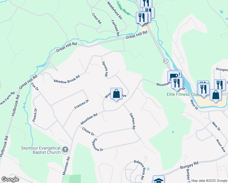 map of restaurants, bars, coffee shops, grocery stores, and more near 217 Woodlawn Drive in Seymour