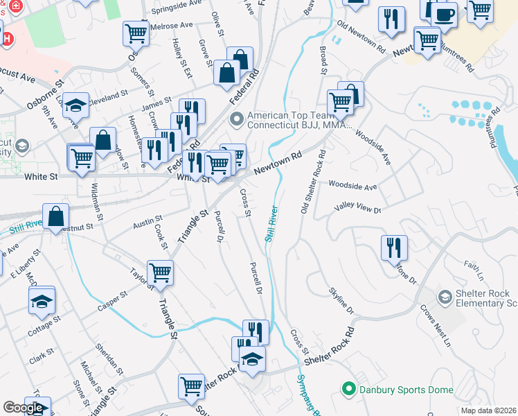map of restaurants, bars, coffee shops, grocery stores, and more near 9 Cross Street in Danbury