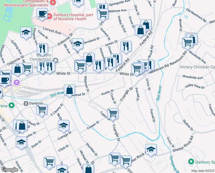 map of restaurants, bars, coffee shops, grocery stores, and more near 62 Chestnut Street in Danbury