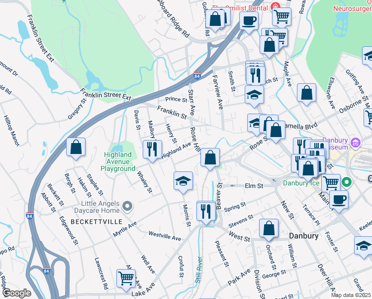 map of restaurants, bars, coffee shops, grocery stores, and more near 5 1/2 Henry Street in Danbury