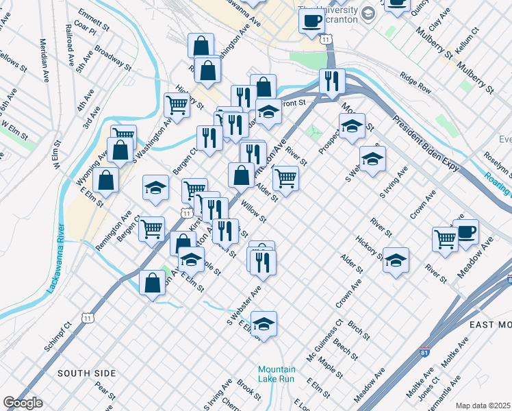 map of restaurants, bars, coffee shops, grocery stores, and more near 524 Alder Street in Scranton