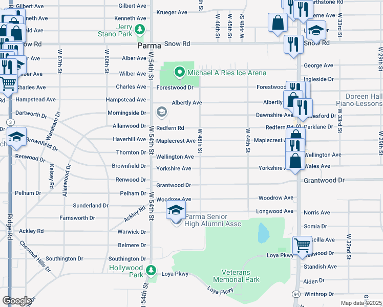 map of restaurants, bars, coffee shops, grocery stores, and more near 4915 Maplecrest Avenue in Parma