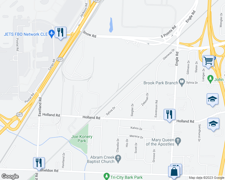 map of restaurants, bars, coffee shops, grocery stores, and more near 5 Points in Brook Park