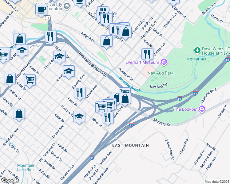 map of restaurants, bars, coffee shops, grocery stores, and more near in Scranton