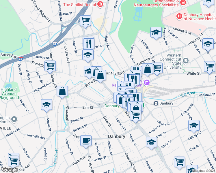 map of restaurants, bars, coffee shops, grocery stores, and more near 345-351 Main St in Danbury