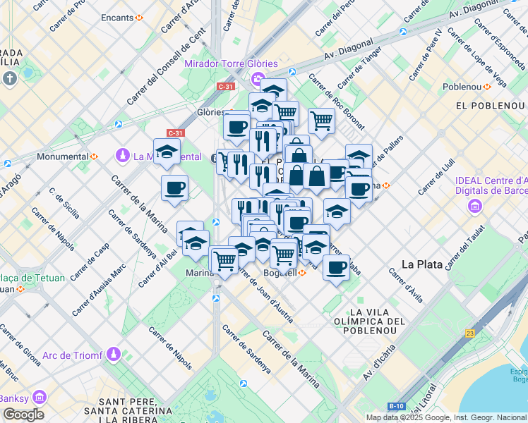 map of restaurants, bars, coffee shops, grocery stores, and more near 104 Carrer de Pamplona in Barcelona