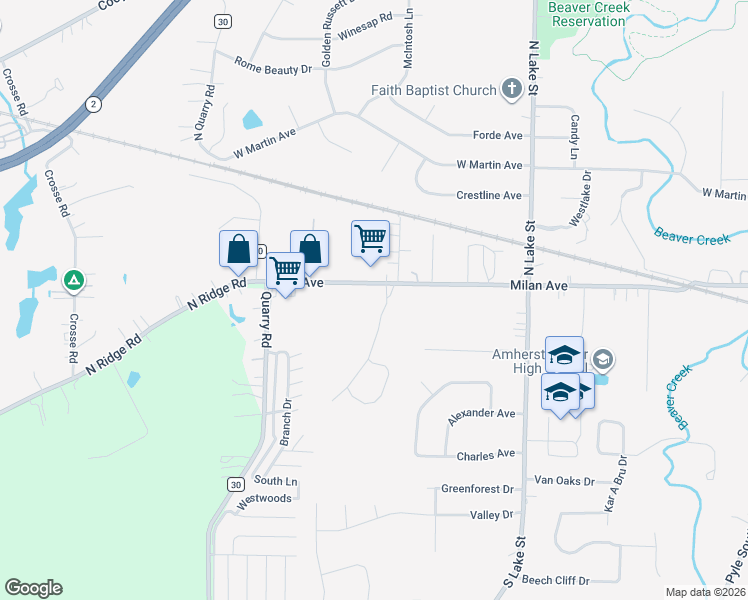 map of restaurants, bars, coffee shops, grocery stores, and more near 1100-1148 Milan Avenue in Amherst