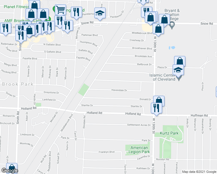 map of restaurants, bars, coffee shops, grocery stores, and more near 13865 Heatherwood Drive in Brook Park