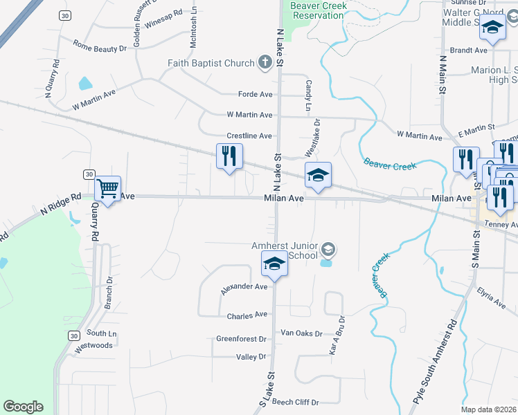 map of restaurants, bars, coffee shops, grocery stores, and more near 760 Milan Avenue in Amherst