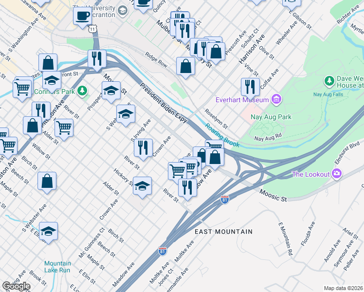 map of restaurants, bars, coffee shops, grocery stores, and more near 923 Moosic Street in Scranton